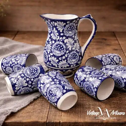 Blue Flower Jug With 6 Glasses