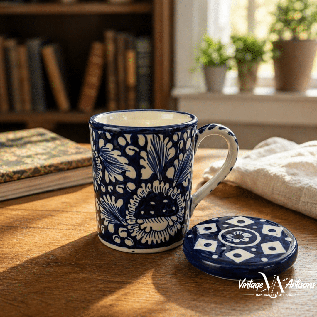 Blue Flower Tea Mug with Lid - Set of 2